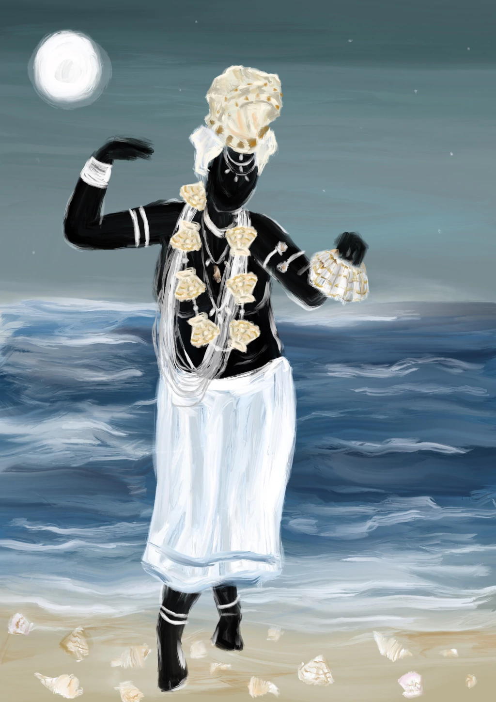 Illustration d'Ajé, vêtue de blanc, parée de coquillages, sur une plage au clair de lune