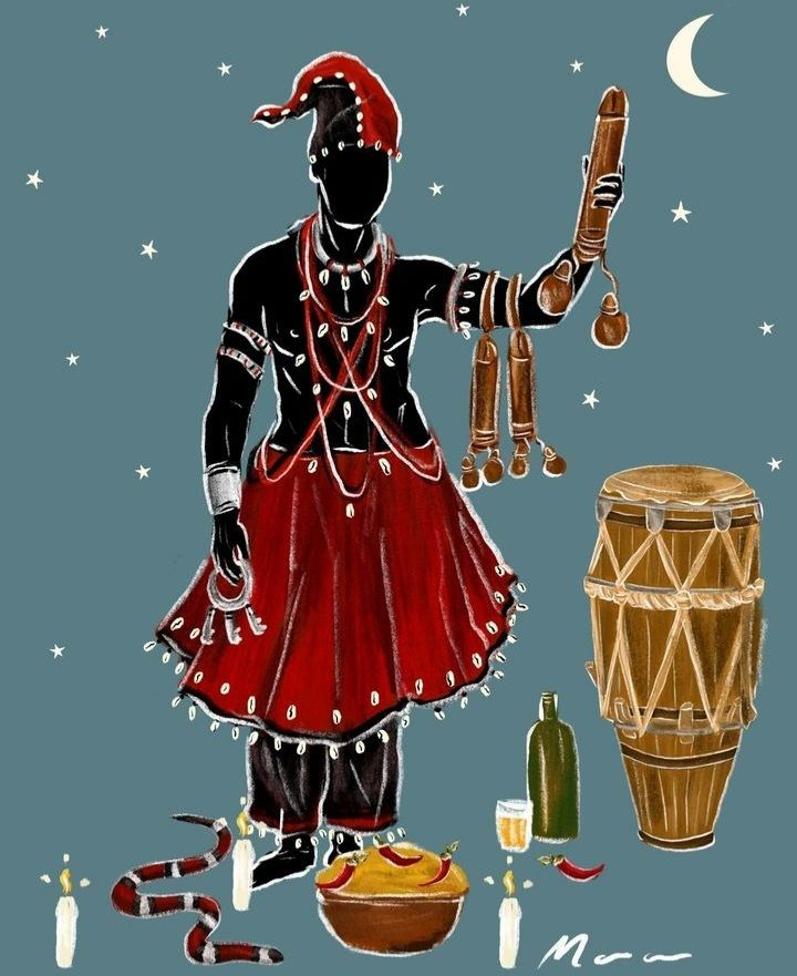 Illustration d'Exu, vêtu de rouge et de noir, avec un atabaque et un serpent