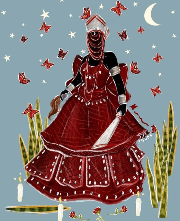 Illustration d'Iansã, vêtue de rouge, entourée de papillons