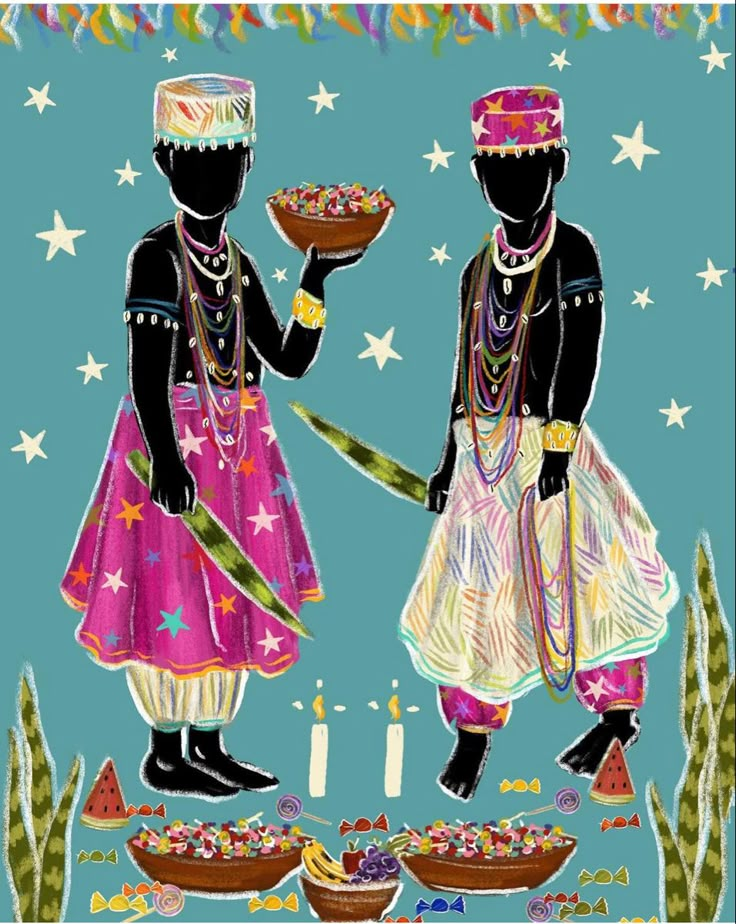 Illustration des Ibejis, jumeaux divins entourés de bonbons et de fruits