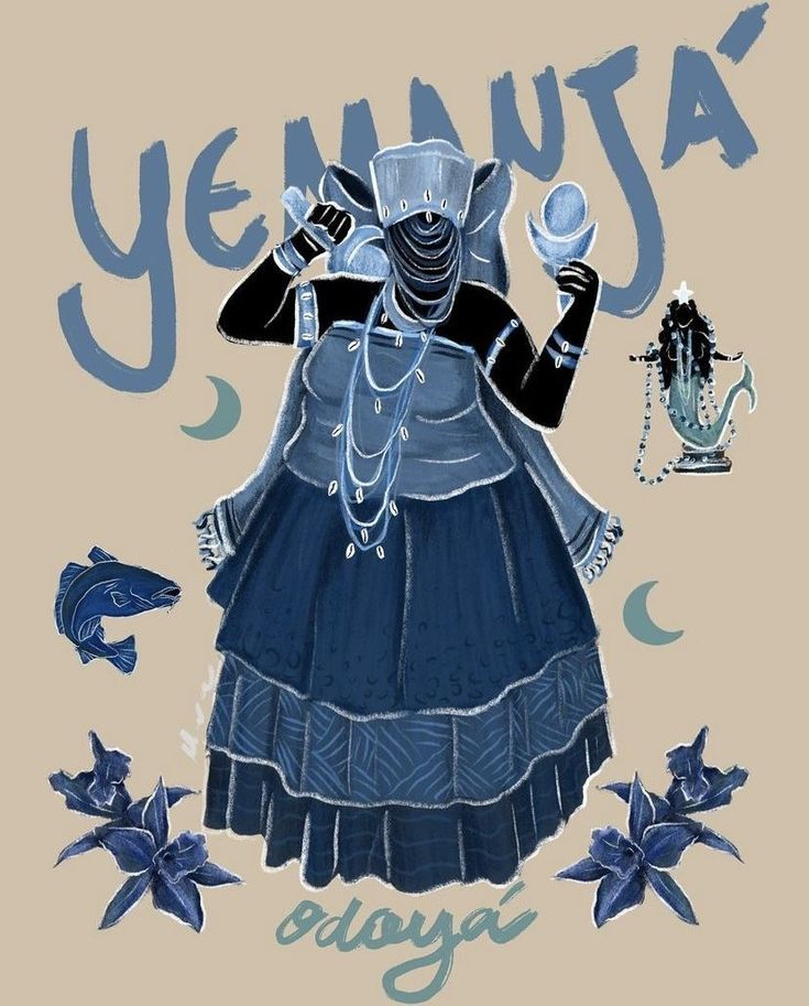 Illustration d'Iemanjá, vêtue de bleu, entourée de poissons et de fleurs