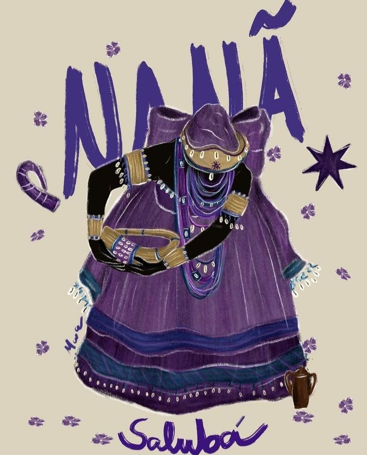 Illustration de Nanã, vêtue de violet et de lilas