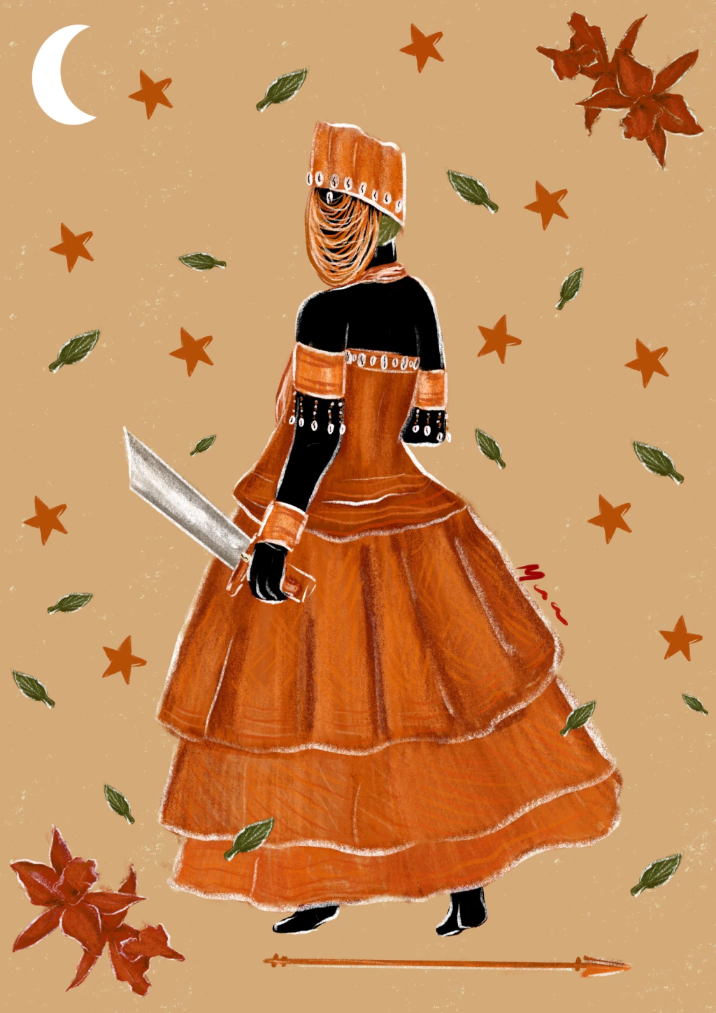 Illustration d'Obá, vêtue d'orange brûlé et de noir, tenant une épée sous la lune et les étoiles