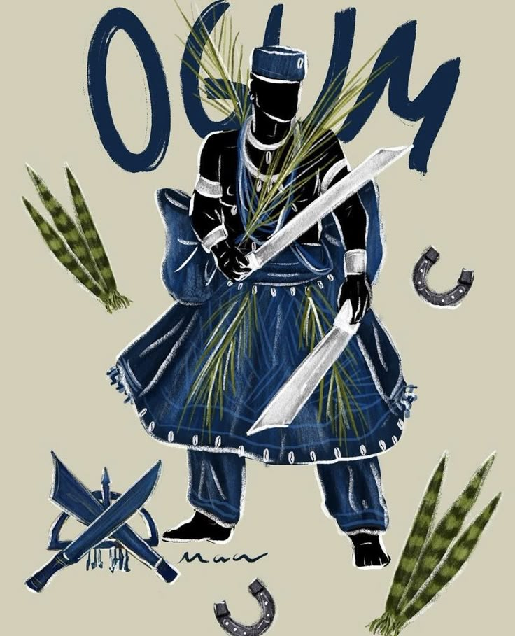 Illustration d'Ogum, en tenue bleu marine, tenant une épée