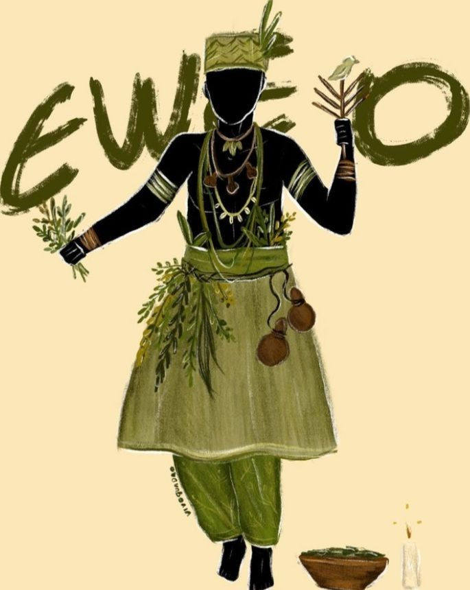 Illustration d'Ossain, entouré de feuilles et de plantes
