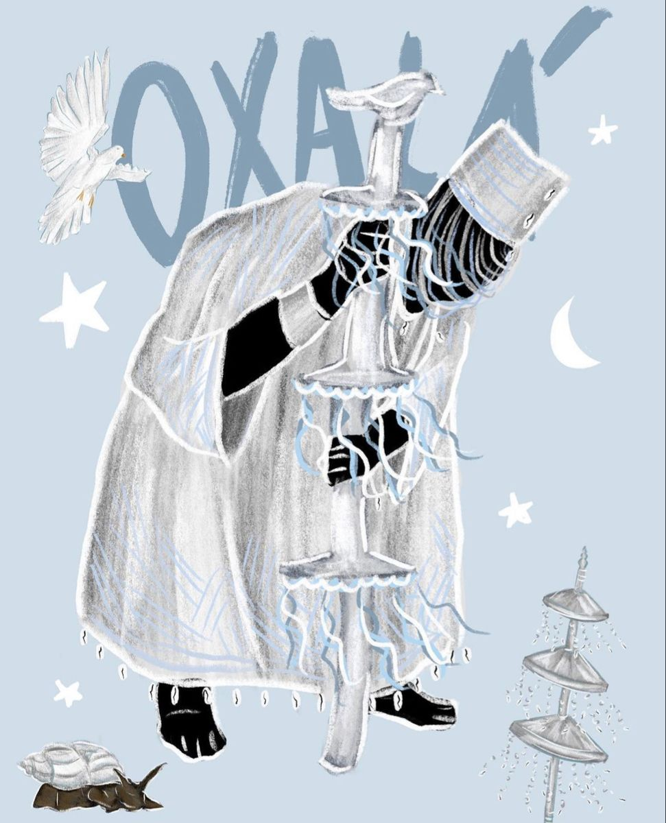 Illustration d'Oxalá, vêtu de blanc, tenant un opaxorô orné de plumes