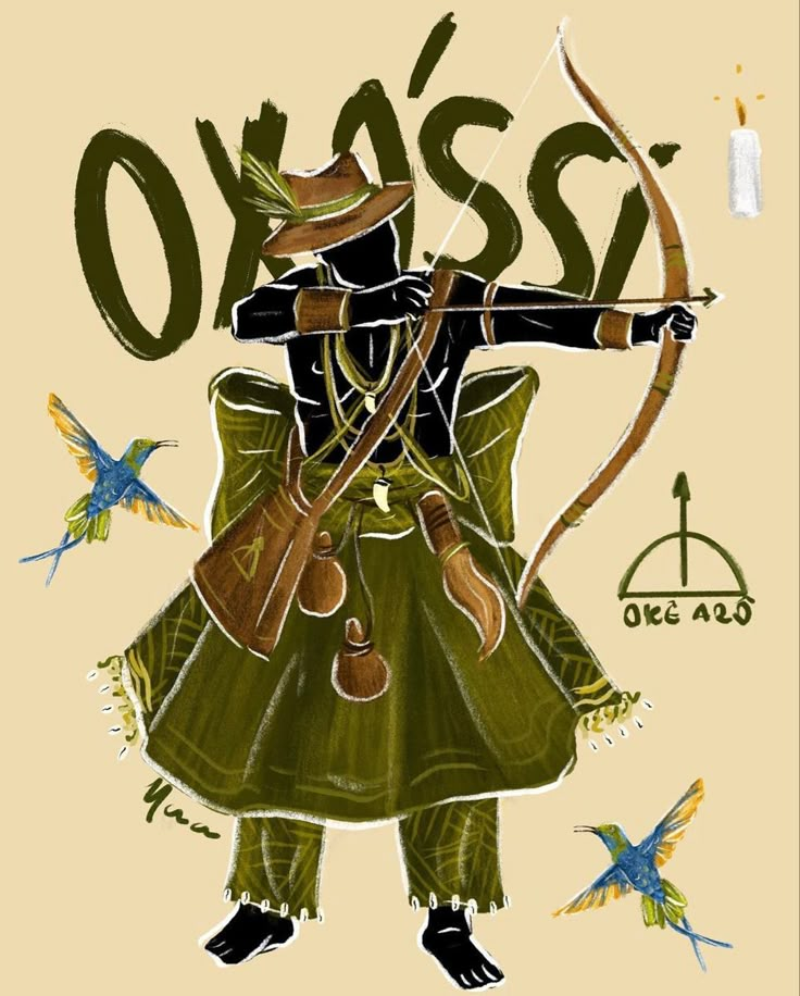 Illustration d'Oxóssi, vêtu de vert, tenant un arc et des flèches