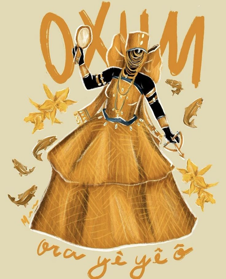 Illustration d'Oxum, vêtue de jaune et d'or, tenant un éventail