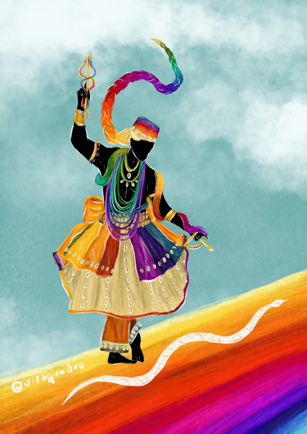 Illustration d'Oxumarê, vêtu de couleurs arc-en-ciel, tenant un bâton orné d'un serpent, au-dessus d'un arc-en-ciel