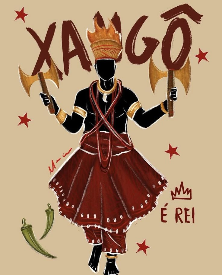 Illustration de Xangô, vêtu de rouge, tenant deux haches doubles